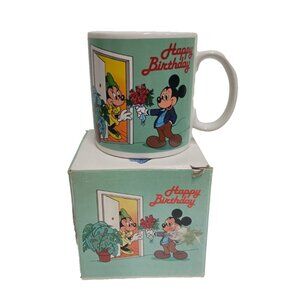 Vintage 1987 Walt Disney Mickey & Minnie Happy Birthday Mug Cup Applause NEW